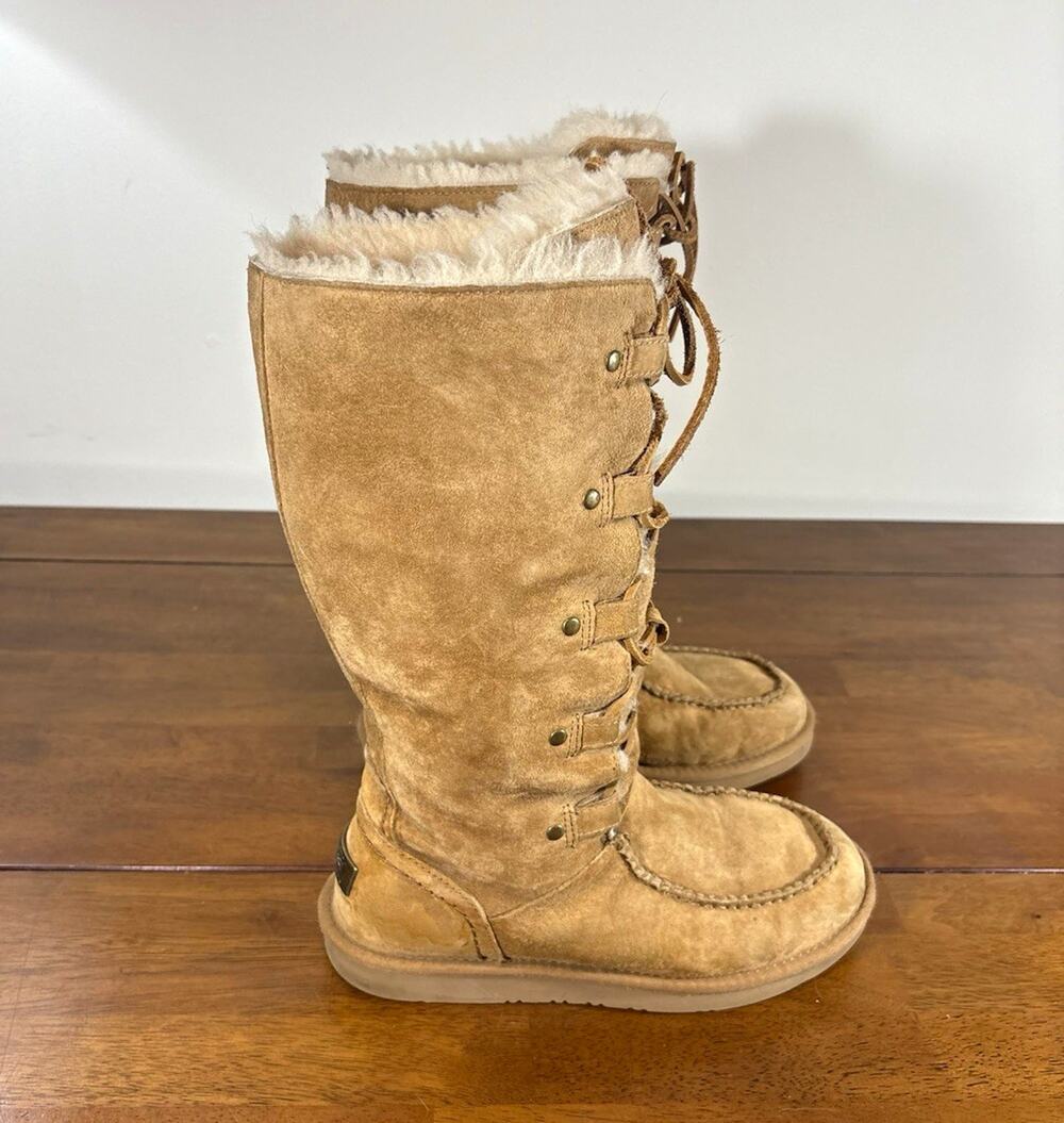 UGG Appalachin Tall Suede Lace Up Boots Womens Size 9 M Chestnut Brown Fur Lined